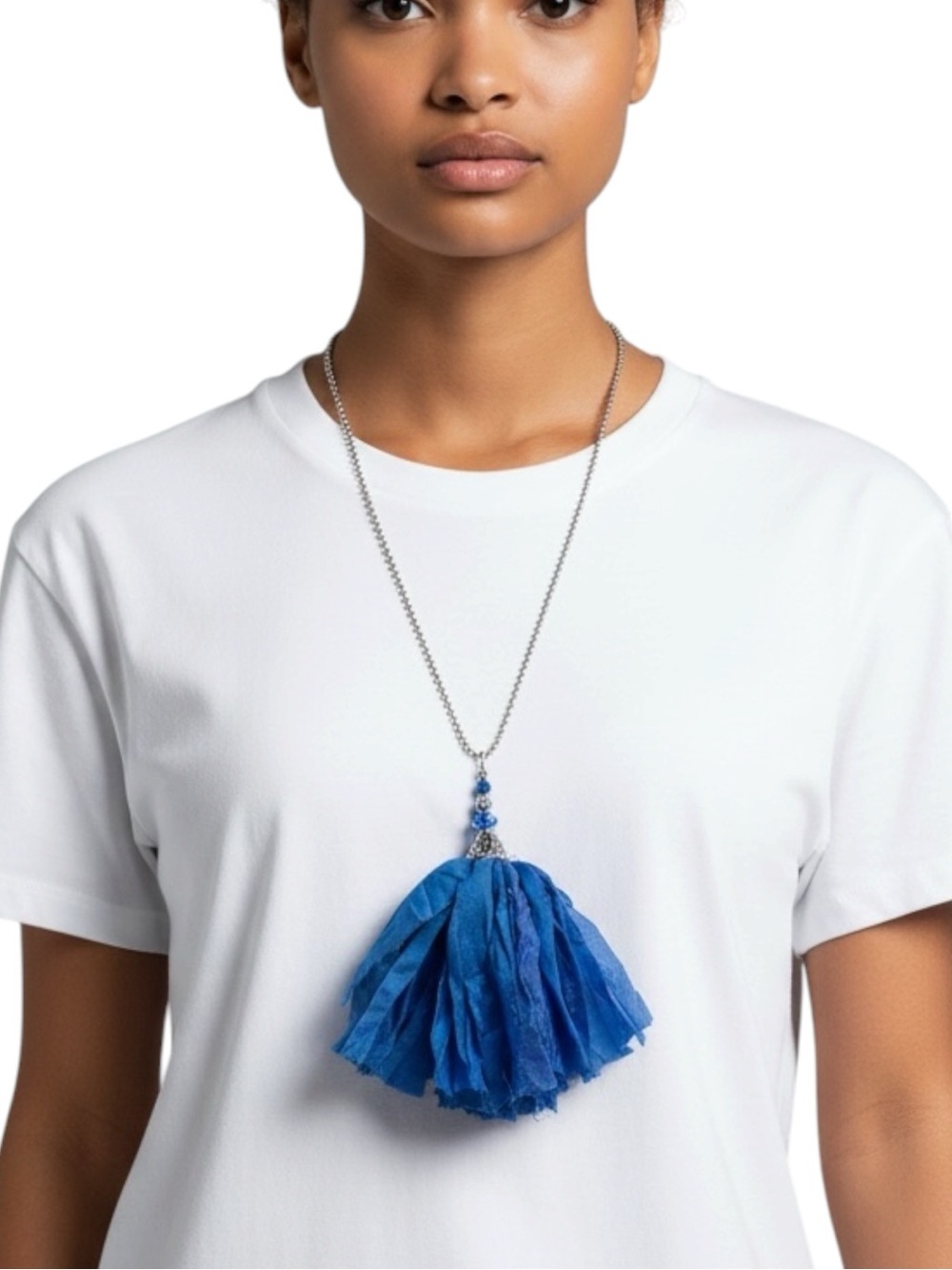 Hand Crafted Blue Silk Tassel Pendant Bohemian Festival Necklace NWT